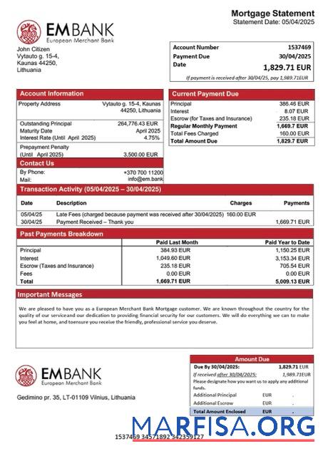 Realistic Lithuania European Merchant Bank mortgage statement Word and PDF template